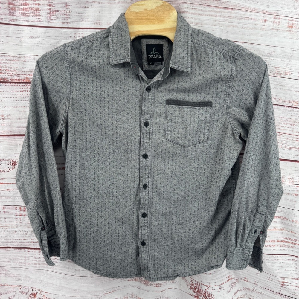 Prana Shirt Mens Large Grey Geometric Diamond Print Long Sleeve Button Down